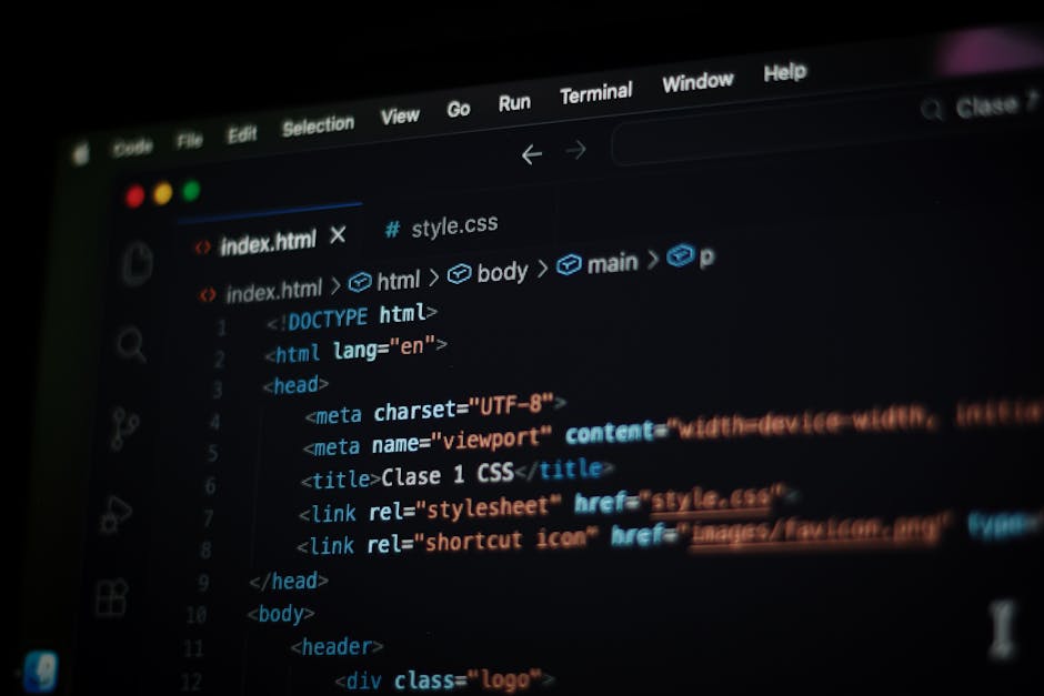 A computer screen displaying a code editor with HTML code for a webpage. The code includes tags such as <!DOCTYPE html>, <html>, <head>, and <body>, with metadata like charset UTF-8, and links to a st